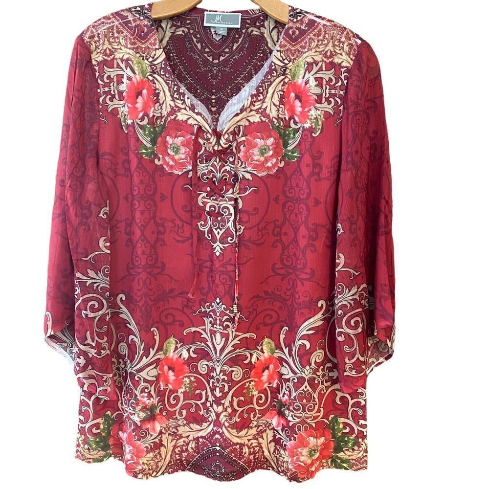 JM Collection Sz S Red Paisley Bohemian Flowy Lightweight Flared Sleeve Blouse